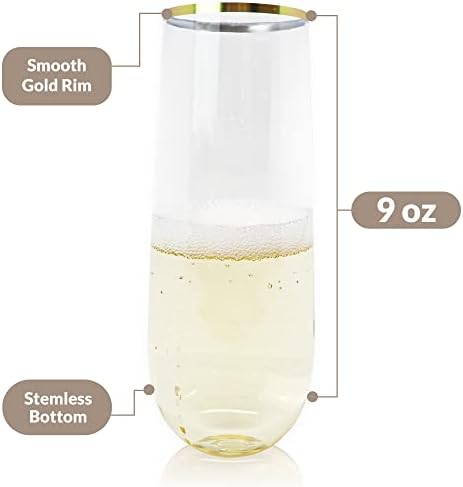 Reli. (25 חלילי שמפניה מפלסטיק פלסטיק 9 גרם, ברור עם שפת זהב | משקפי מימוזה מפלסטיק נטולי פלסטיק/חלילים